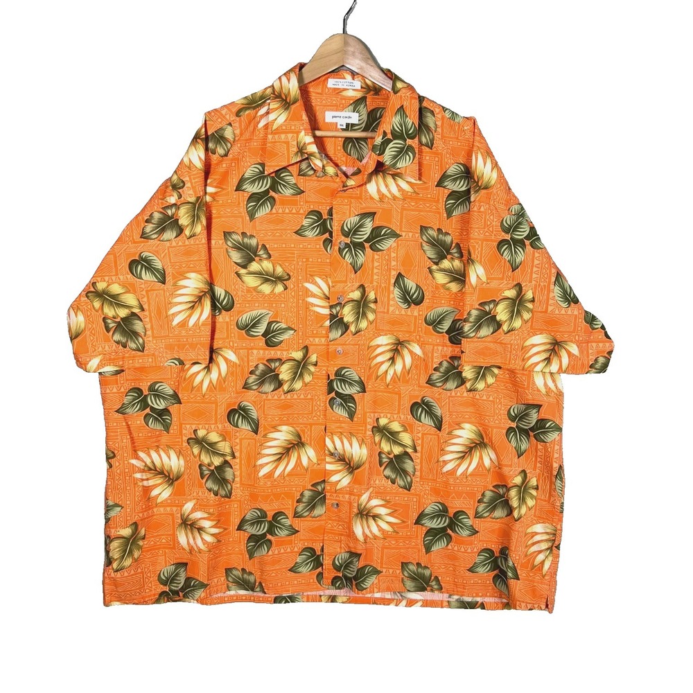 Vintage Pierre Cardin Shirt 3X Orange Hawaiian Button Up Leaf Korea Cotton Aloha
